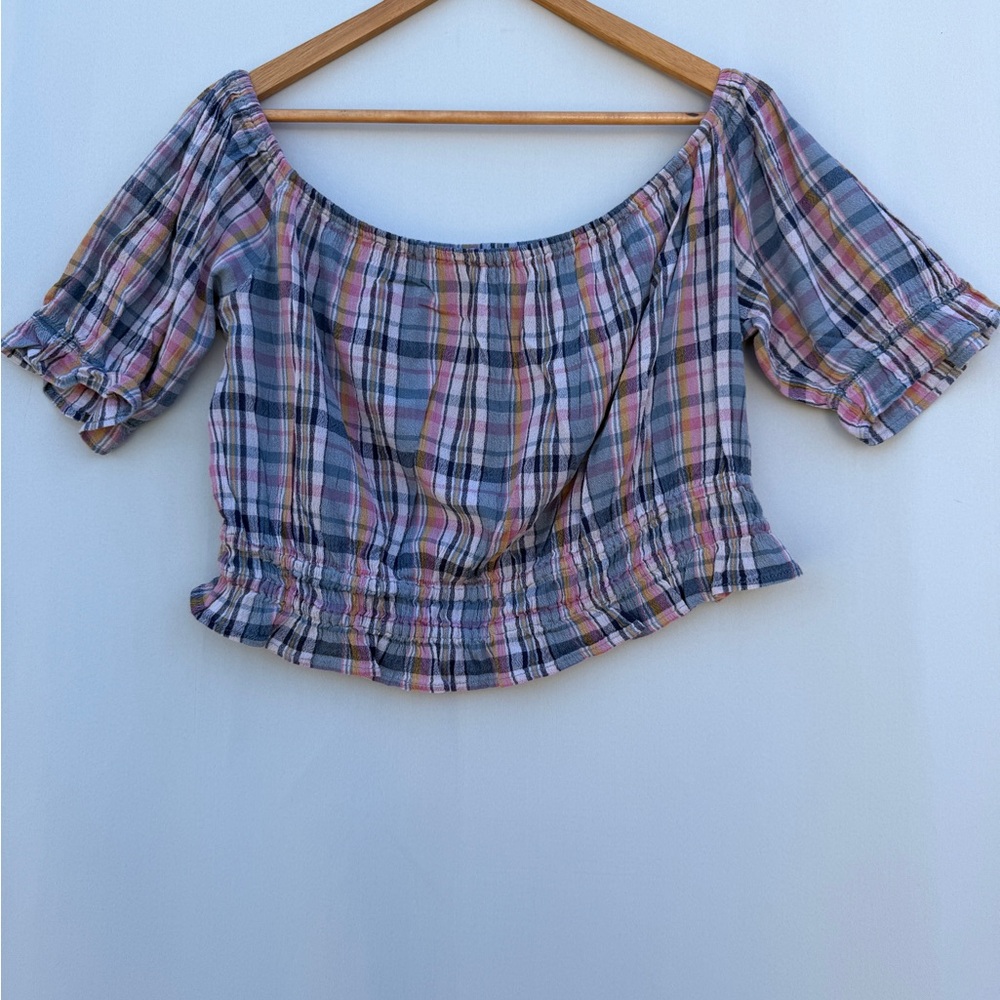 American Eagle Outfitters Multicolor Plaid Off-Shoulder Blouse Puffy‎ Sleeves